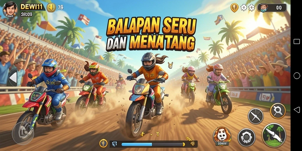 Gameplay DEWI11 yang seru dalam balapan dengan mobil yang bertenaga.