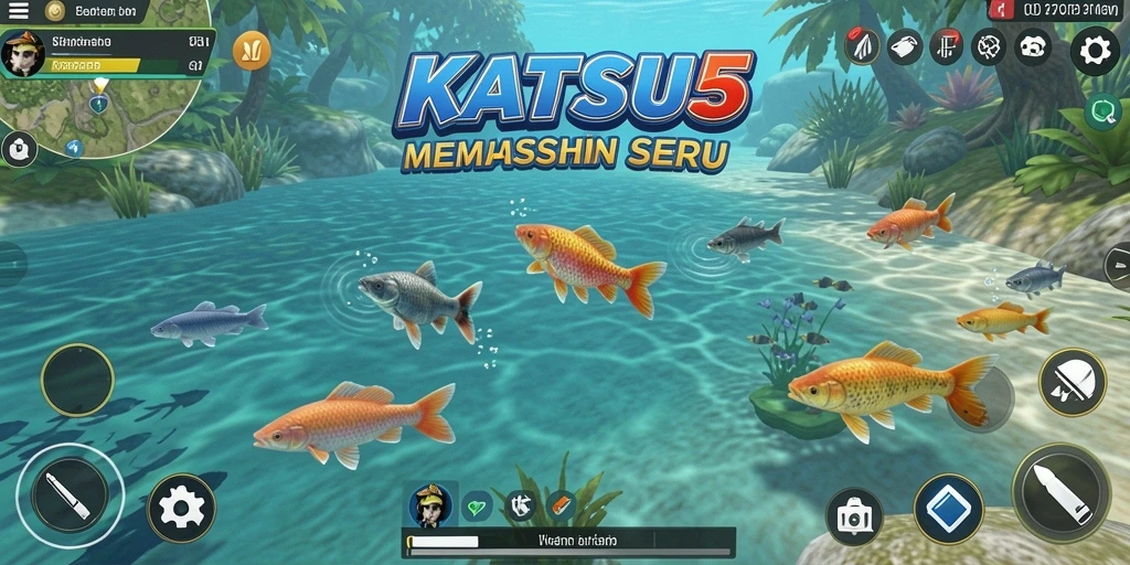 Screenshot KATSU5 yang memperlihatkan momen menangkap ikan di gameplay Fishing.