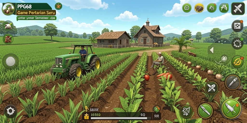 Tampilan gameplay PGG68 dengan ladang yang indah dan penuh tanaman.