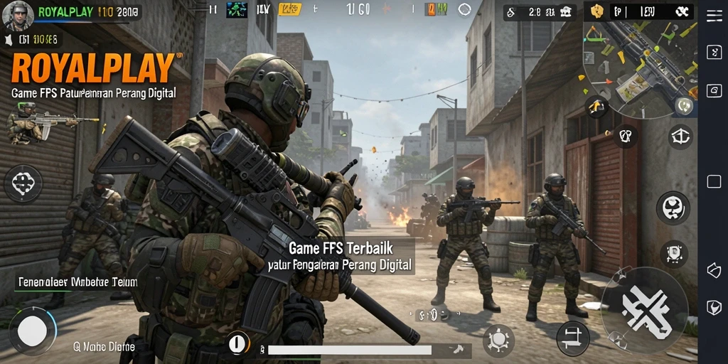 Screenshot gameplay ROYALPLAY yang menunjukkan aksi tembak-menembak yang intens.
